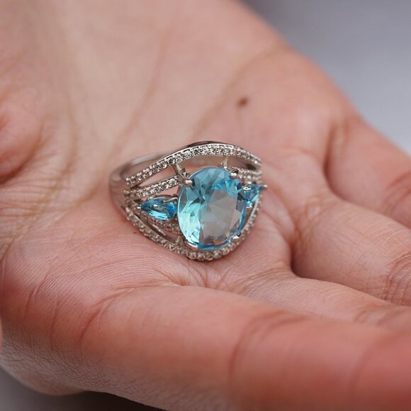✨ Fashion Oval Sea Blue Gems Zircon Stackable Rings for Women, EVGG1569 - Picture 6 of 7